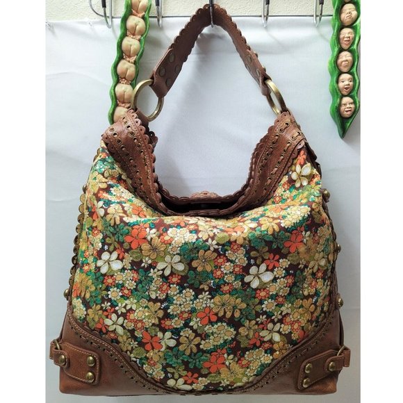 Isabella Fiore Morning Dew XL Hobo Brown Leather Multicolor Sequins Floral Bag - Picture 1 of 12